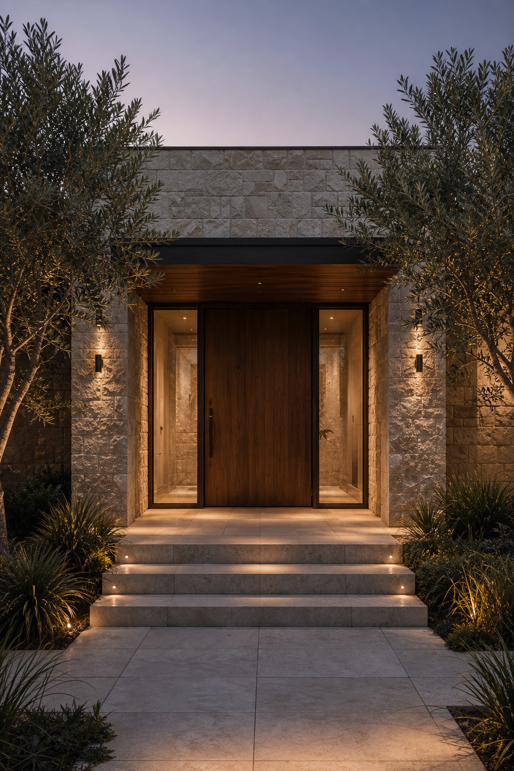 Warmly illuminated limestone and walnut entry