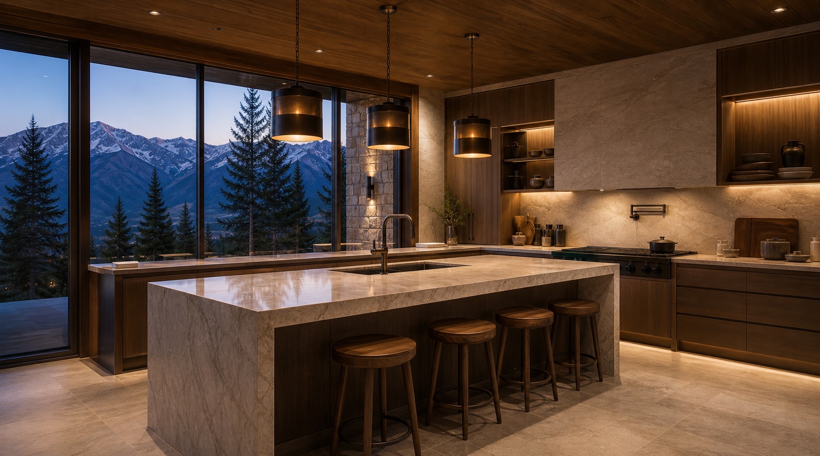 Natural stone kitchen with mountain view