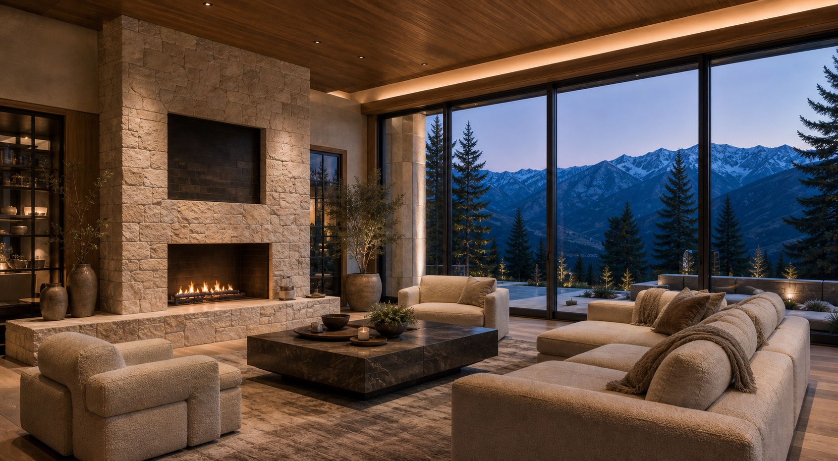 Mountain great room with limestone fireplace